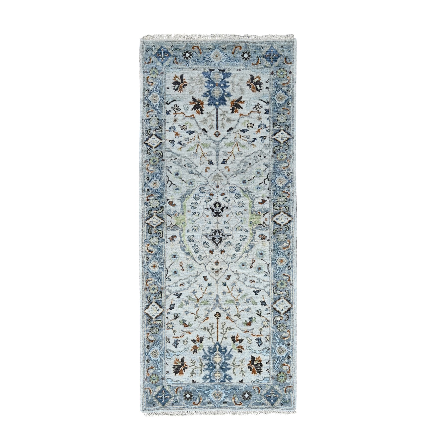 Shark Gray, Natural Dyes, Pure Wool, Denser Weave, Hand Knotted Oushak Design with Floral Motifs, Runner Oriental Rug